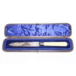 Cased silver cake knife with engraved blade, Sheffield 1901.