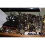 Collection of silver plated ware including cased cutlery, teapots, candlesticks, etc.