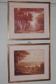 Figures in wooded landscapes, pair of watercolours, 45cm by 55cm, in gilt glazed frames.
