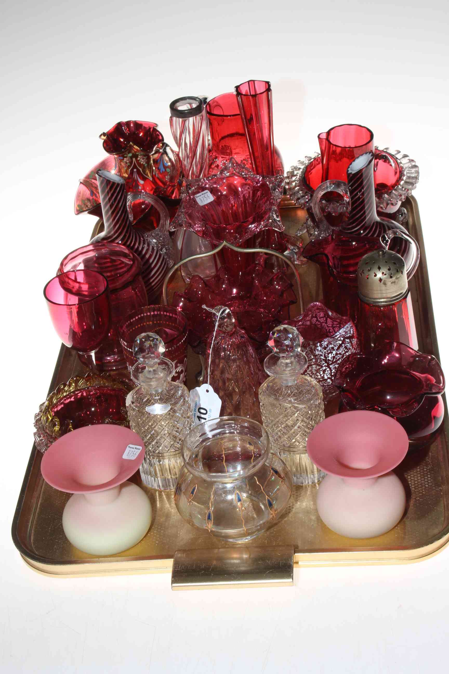 Collection of Victorian ruby glass, pair of spiral design jugs, pair of cruet bottles,