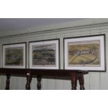 Set of three antique colour etchings showing 'Seats' of Ingleby Manor, Newby and Kirkleatham,