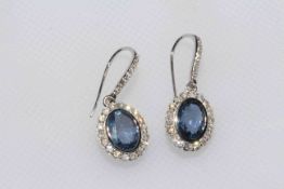 Pair of 14 carat white gold, sapphire and diamond earrings, 1.91 carat sapphires and 0.