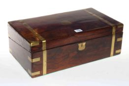 19th Century rosewood and brass writing box, fitted with compartment and inkwells, 45cm by 25cm.