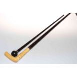 Ivory handled walking stick, and tiger wood stick (2).