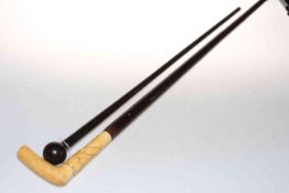 Ivory handled walking stick, and tiger wood stick (2).