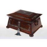 Rosewood and mother of pearl inlaid two handled sewing box, 32cm by 18cm.