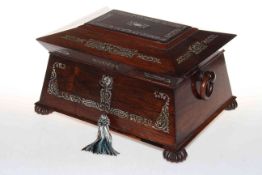 Rosewood and mother of pearl inlaid two handled sewing box, 32cm by 18cm.