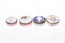 Collection of four 18th Century Bilston enamel patch boxes a/f.