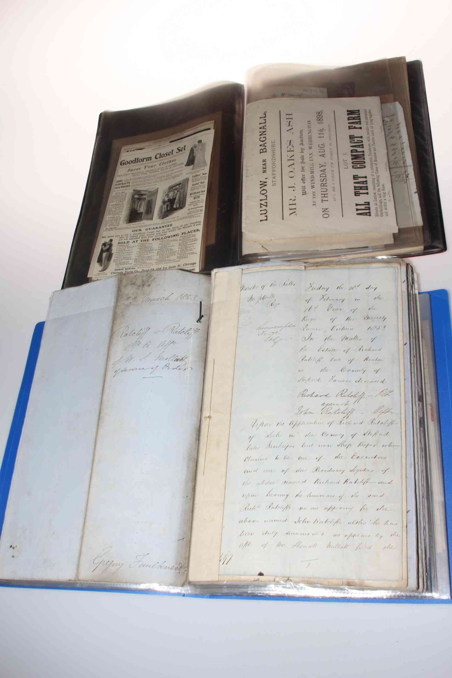 Collection of indentures, legal documents, invoices, letters dating circa 1850s to 1900s,