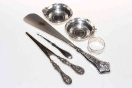 Pair small silver dishes, glove stretchers, napkin ring, shoe horn and button hook (5).