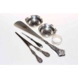 Pair small silver dishes, glove stretchers, napkin ring, shoe horn and button hook (5).