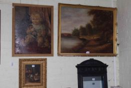 Three pictures including oil of a child and landscape.