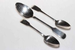 Irish silver fiddle pattern tablespoon, Dublin 1937, and pair of dessert spoons, Dublin 1845 (3).