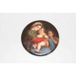 Firenze porcelain plaque of Madonna Della Seggiola, 10cm diameter.