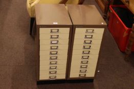 Pair Bisley two-tone ten drawer index cabinets.