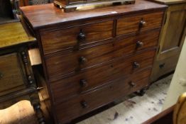 Victorian mahogany chest of two short above three long graduated drawers on turned legs, 90.