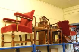 Pair 1930's oak carver chairs, coal box, needlework topped circular tripod occasional table,