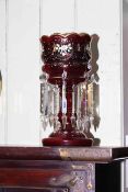Victorian red glass lustre with drops, 35cm.