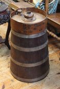 Elm and oak metal collared butter churn, 70cm high.