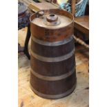 Elm and oak metal collared butter churn, 70cm high.