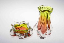 Two coloured art glass vases.