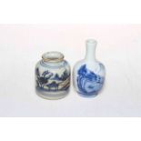 Small antique Chinese blue and white vase, and snuff bottle (2).