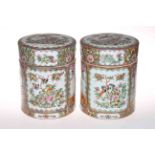 Pair large Cantonese opium jars and covers, with profuse famille rose decoration,