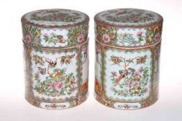 Pair large Cantonese opium jars and covers, with profuse famille rose decoration,