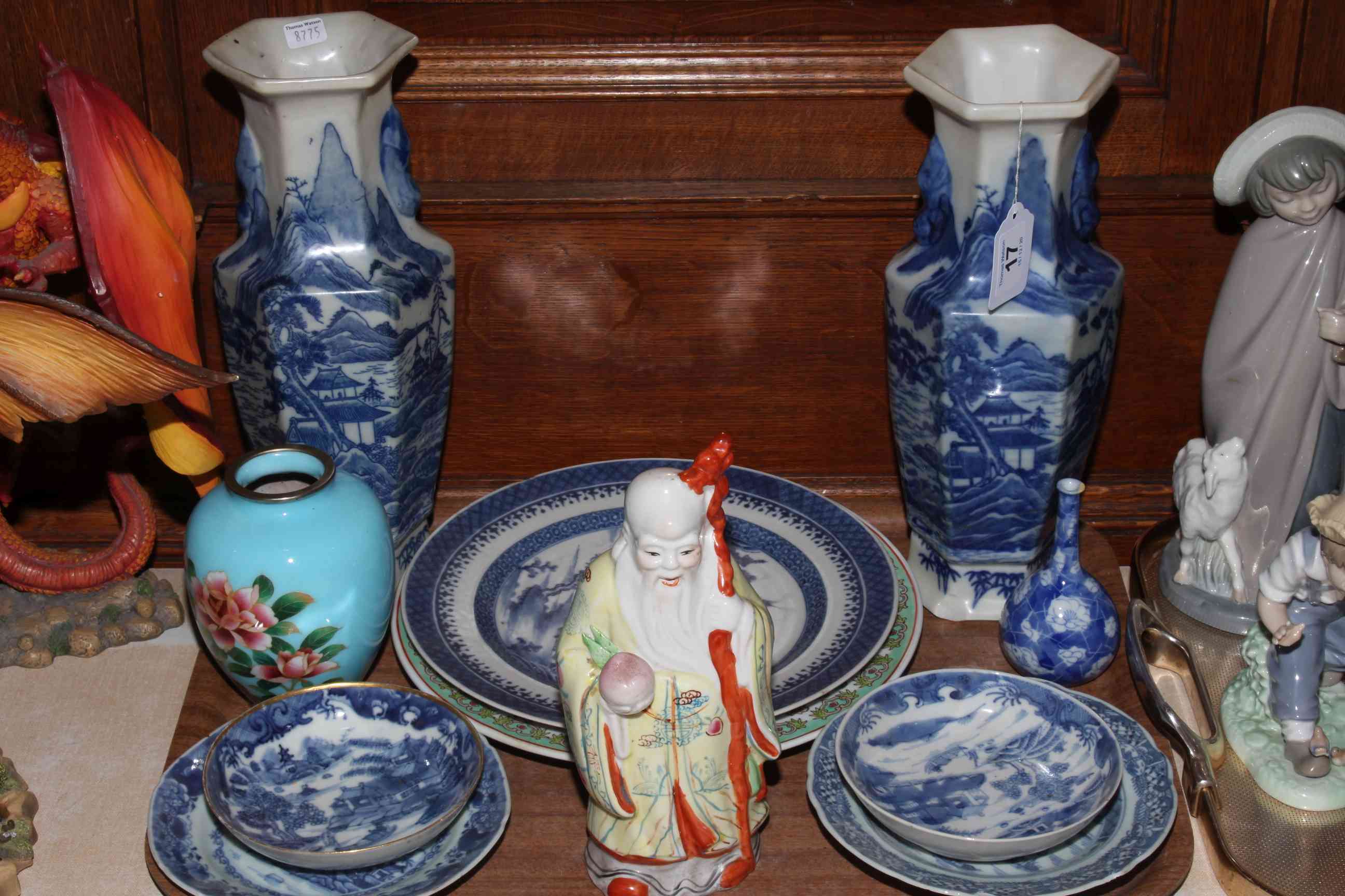 Pair of hexagonal Oriental vases, Oriental plates and figure.