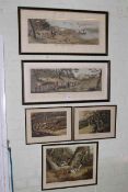Collection of five framed coloured hunting prints including two pairs.