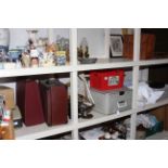 Typewriters, piano accordion, sewing machine, kitchen scales, metalware, cutlery, two barometers,