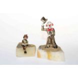 Two painted metal clown figures on onyx bases both marked RON © 79 & 82.