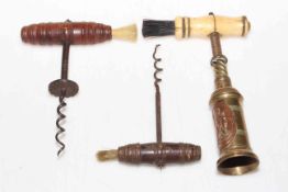 Early 19th Century brass and ivory corkscrew with brush, and two further antique corkscrews (3).