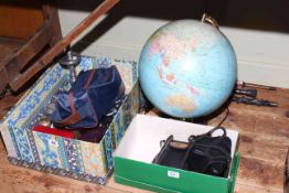 Illuminated globe, cameras, pewter, walking sticks, etc.