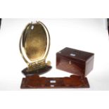 Brass gong, mahogany book trough and a two compartment mahogany inlaid box (3).