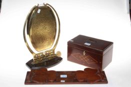 Brass gong, mahogany book trough and a two compartment mahogany inlaid box (3).