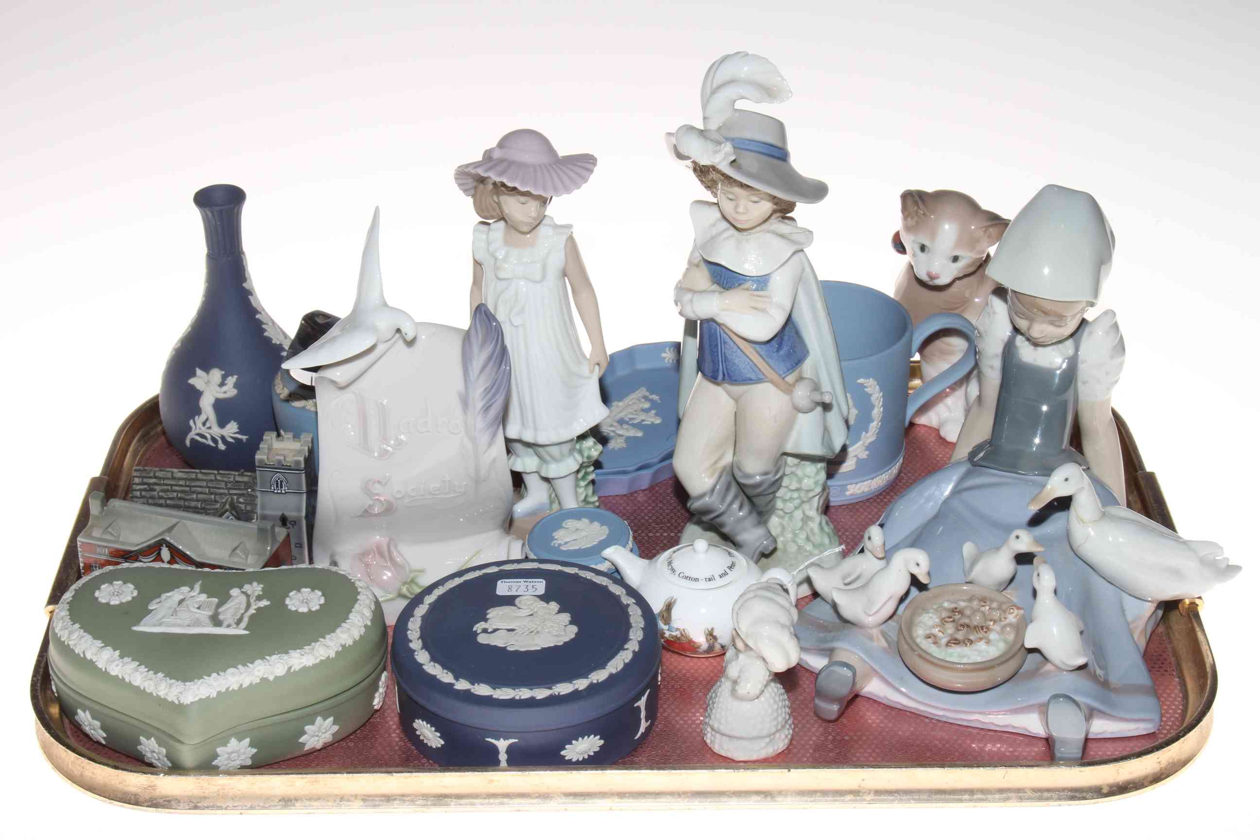 Lladro girl with geese, Nao figures, Wade Church and Stately Home, Wedgwood Jasperware, etc.