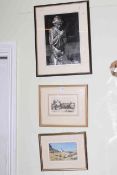 Collection of five pictures including Stewart Lowdon watercolour, Venetian etching, etc.