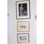 Collection of five pictures including Stewart Lowdon watercolour, Venetian etching, etc.