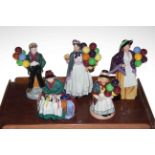 Five Royal Doulton figures, Biddy Penny Farthing, SIlks and Ribbons, Balloon Lady,