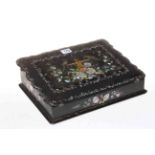 Black lacquered papier mache desk box, inlaid with mother of pearl, 32cm by 24cm.