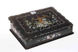 Black lacquered papier mache desk box, inlaid with mother of pearl, 32cm by 24cm.