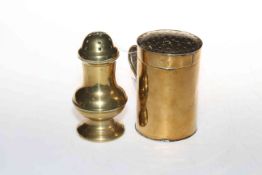 Two pieces of 18th Century brassware, sugar and flower shakers.