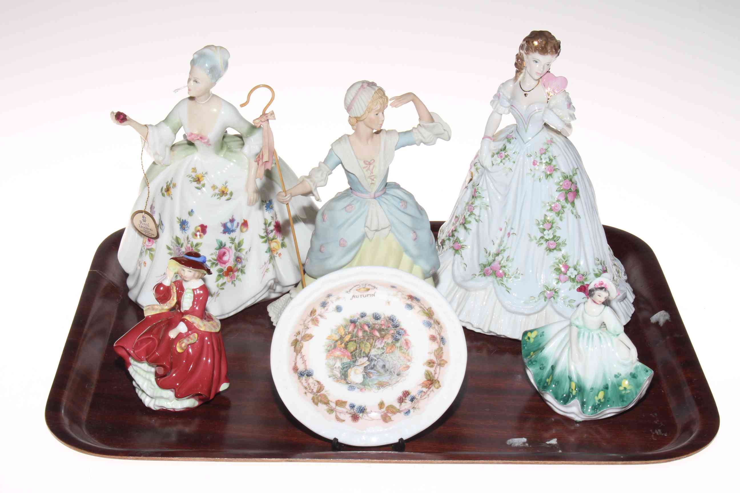 Three Royal Doulton ladies, Worcester and Wedgwood figures,