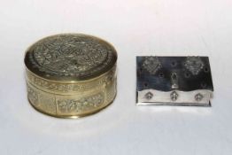 French polished steel stamp holder and ornate Chinese brass box (2).