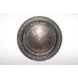 Eastern silver inlaid bronze dish, 28cm diameter.