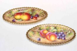 Pair Royal Worcester Freeman fruit painted oval dishes with gilt pie crust edge, signed,