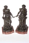 Pair of Victorian bronze figures of classical maidens on rose marble bases, signed Peiffer,