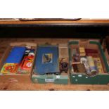 Three boxes of vintage toys and games, Hornby Dublo electric train set, etc.