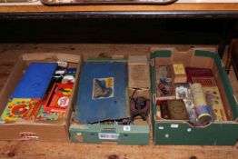 Three boxes of vintage toys and games, Hornby Dublo electric train set, etc.